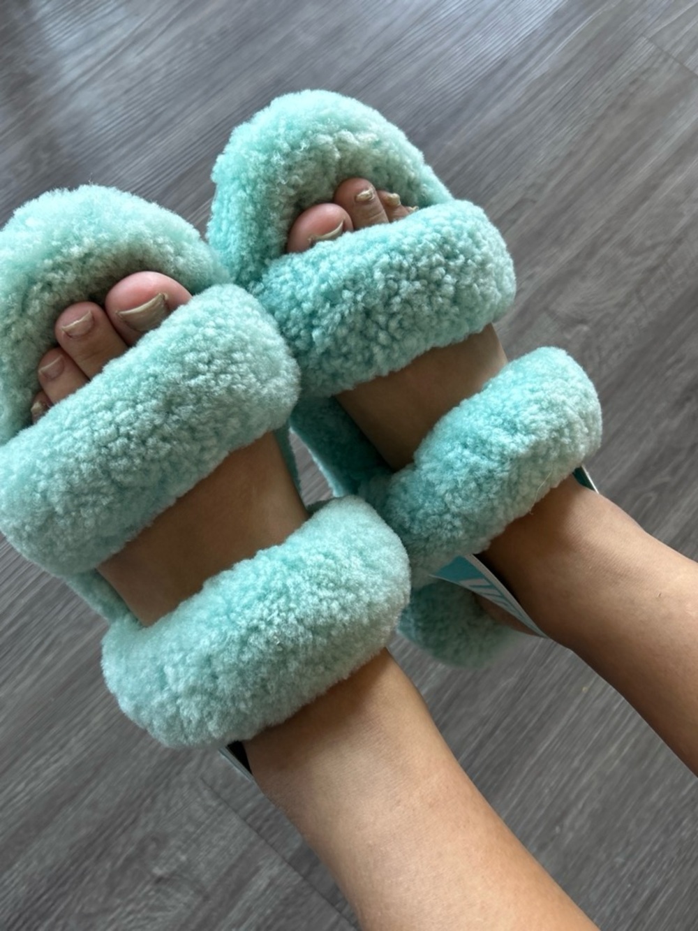 UGG Triple-Strap Faux Shearling Slides - Mint Green